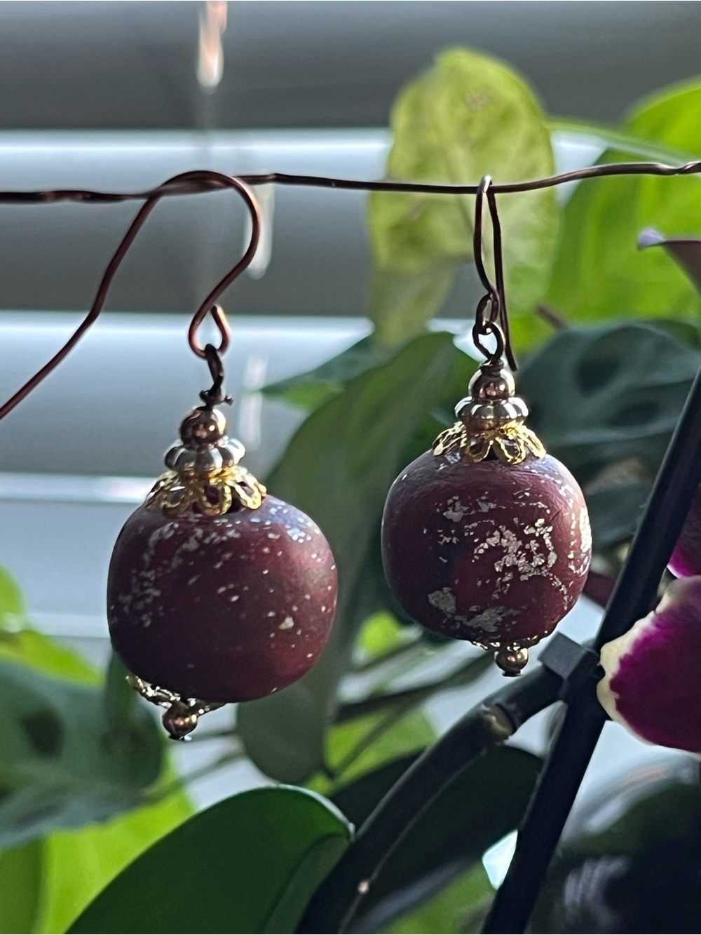 Unbranded Burgundy Bead Drop Earrings with Gold Accents. Polymer clay